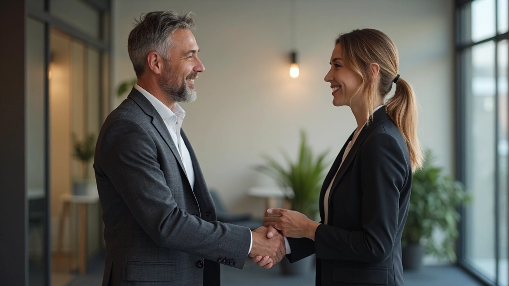Twee zakenmensen schudden handen met echte glimlach en zelfvertrouwde lichaamshouding, tijdens formele kennismaking op zakelijk event