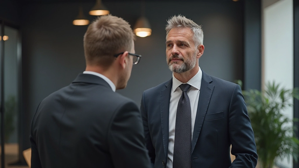 Twee professionele mannen voeren een constructief gesprek met open lichaamstaal in een kantoor
