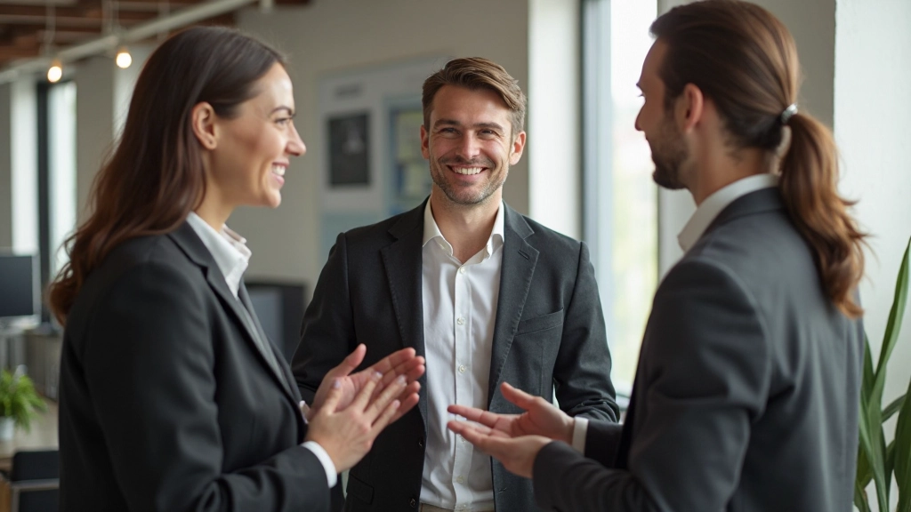 Groep van drie professionals in zakelijke kleding staat samen in informele gespreksgroep op kantoor, met open en ontspannen lichaamshouding