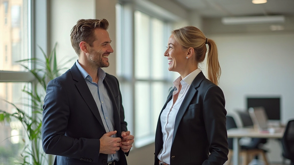 Twee professionals voeren een gesprek in een modern kantoor met natuurlijk licht