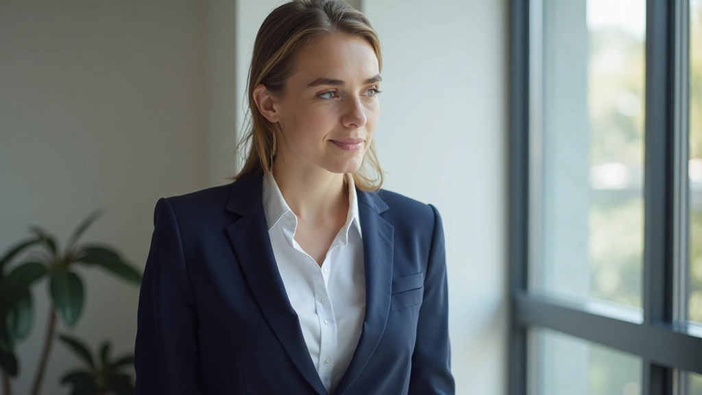 Jonge professional vrouw oefent haar presentatie-houding in voor spiegel, met zelfverzekerde gezichtsuitdrukking en open lichaamstaal