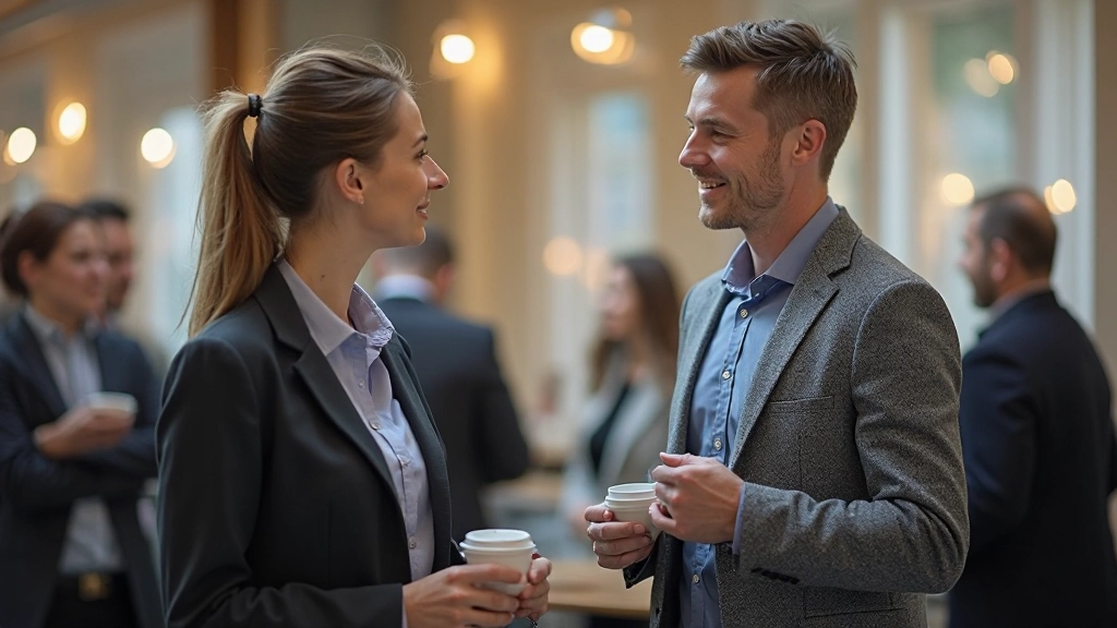 Professionele vrouw en man in ontspannen gesprek op een netwerkgebeurtenis met koffiekopjes