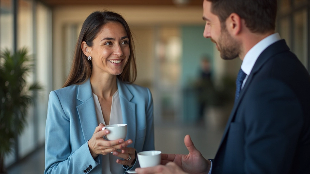 Twee professionals in zakelijke kledij hebben een geanimeerd gesprek op een conferentie met koffie in hun handen en open lichaamstaal