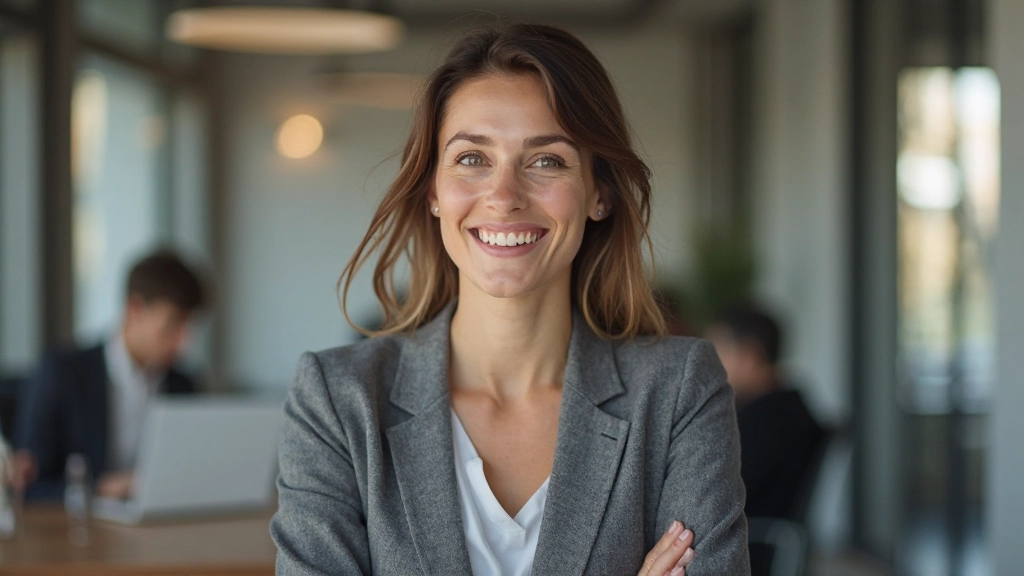 Professioneel geklede persoon in gesprek met gerichte aandacht en natuurlijke glimlach