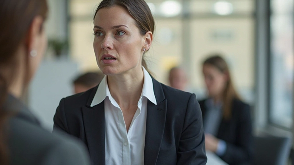 Vrouw luistert intens naar haar collega in een goed verlicht kantoor