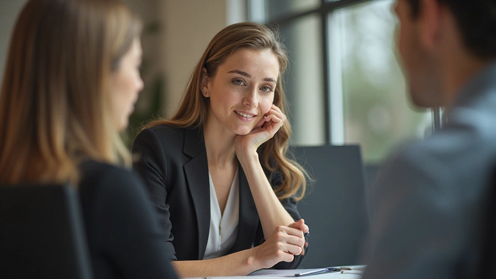 Vrouw luistert aandachtig tijdens een zakelijk gesprek in een kantoor